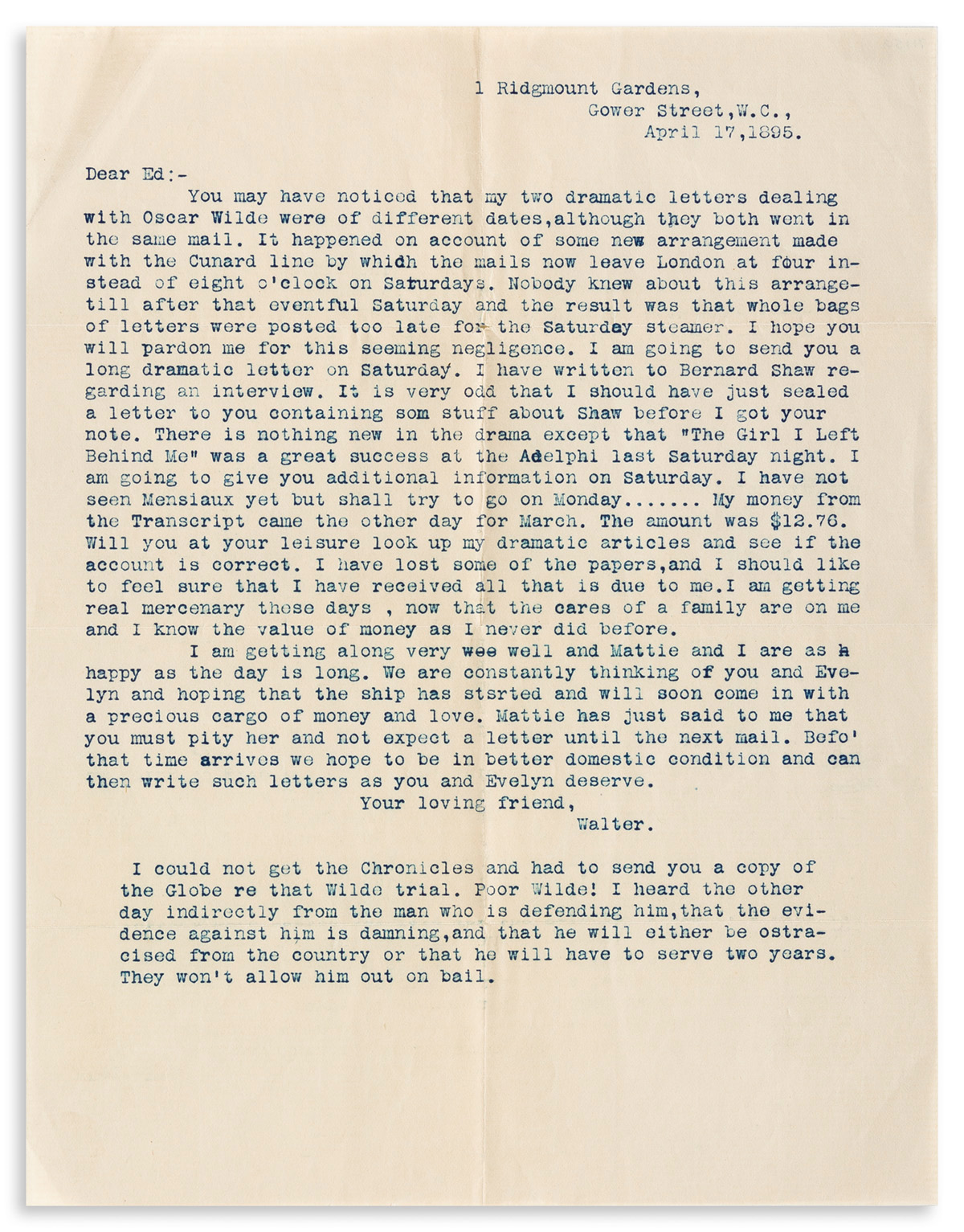 (OSCAR WILDE TRIAL.) Typed Letter Signed by unidentified drama critic to Boston Transcript editor Edwin F. Edgett regarding the trial o